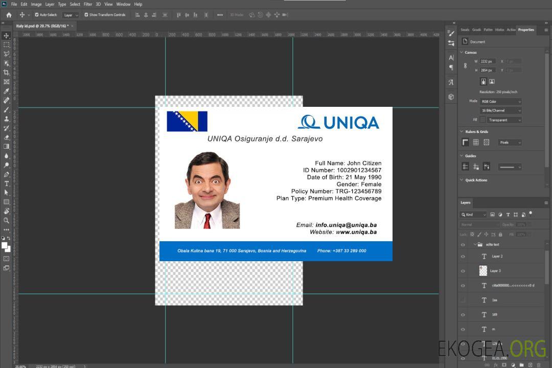 Carte d'assurance maladie de Bosnie-Herzégovine template